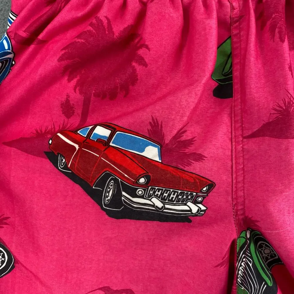 Uzzi Active Wear Shorts‎ Mens M Pink Graphic Swim Surf Beach Festival Cars Palm